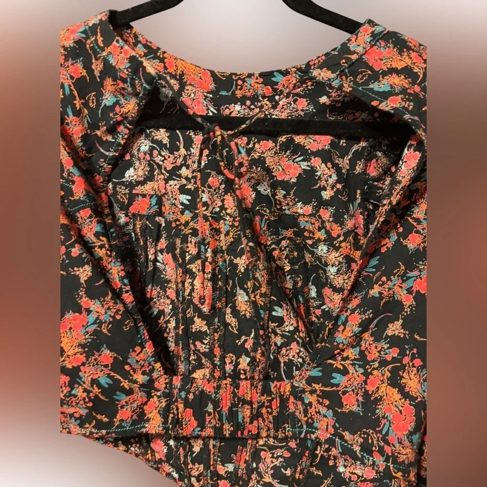 Free People Black Pink Floral Cropped Corset Top Open Back Puff Sleeve Size Sm